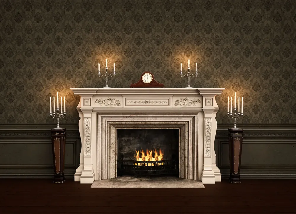 Elegant fireplace with ornate candles and clock.