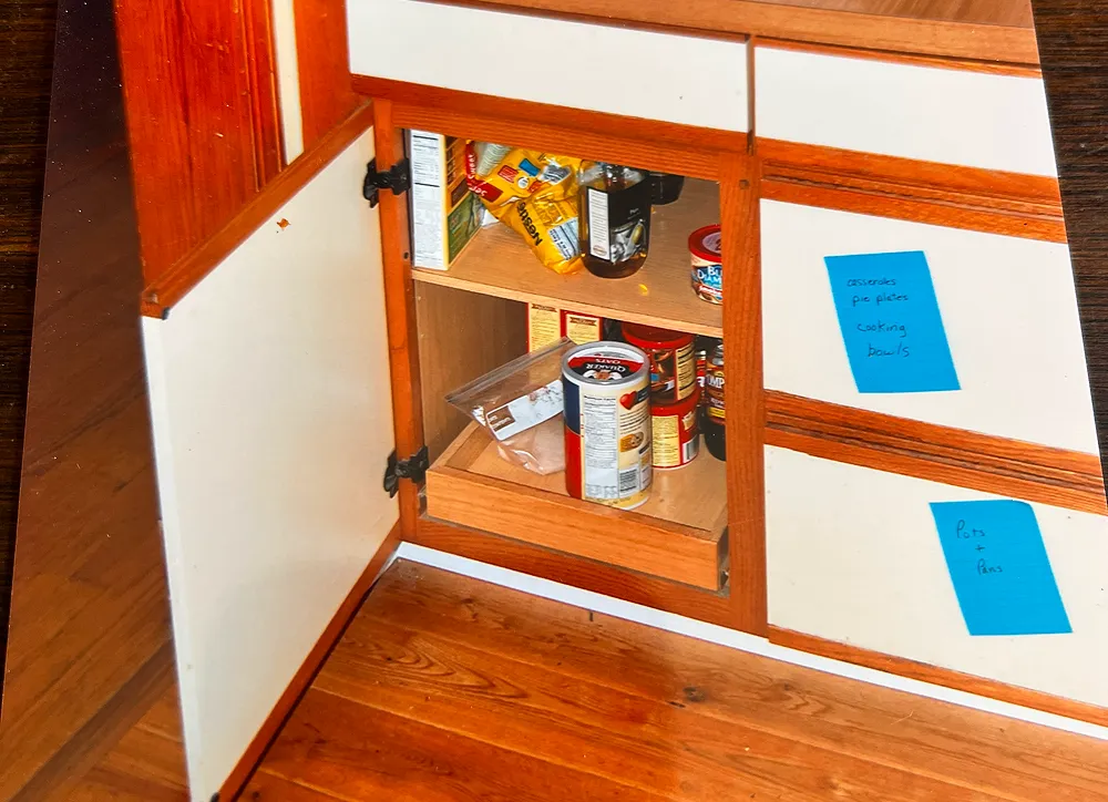 Open kitchen cabinet with canned goods inside.