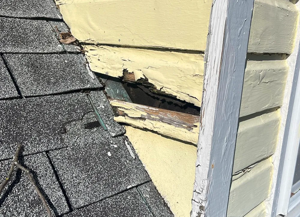 Damaged house siding with exposed wood underneath.