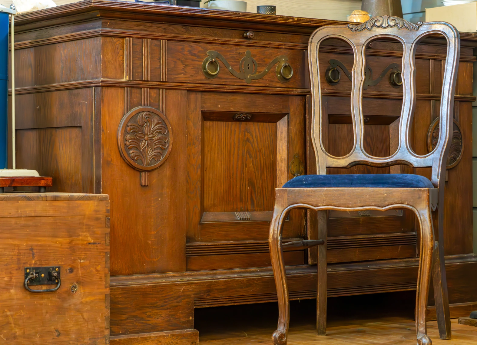 Antique wooden chair and cabinet