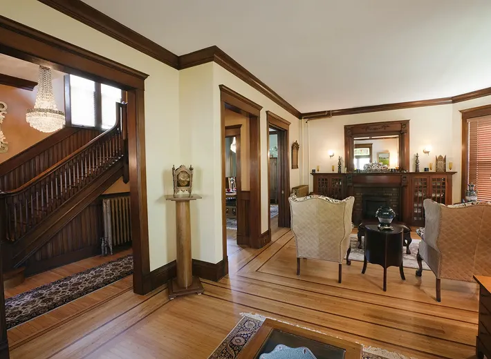 Elegant living room with wooden accents.