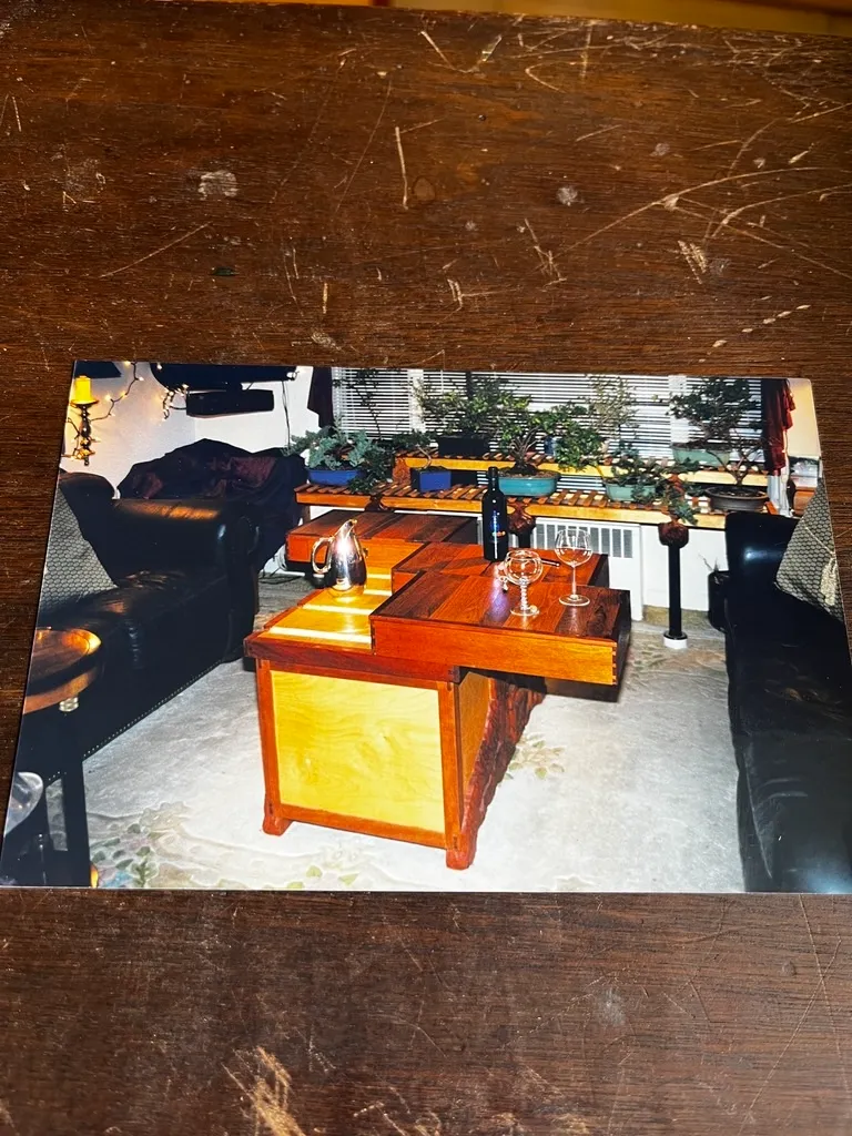 Living room with wooden coffee table setup.