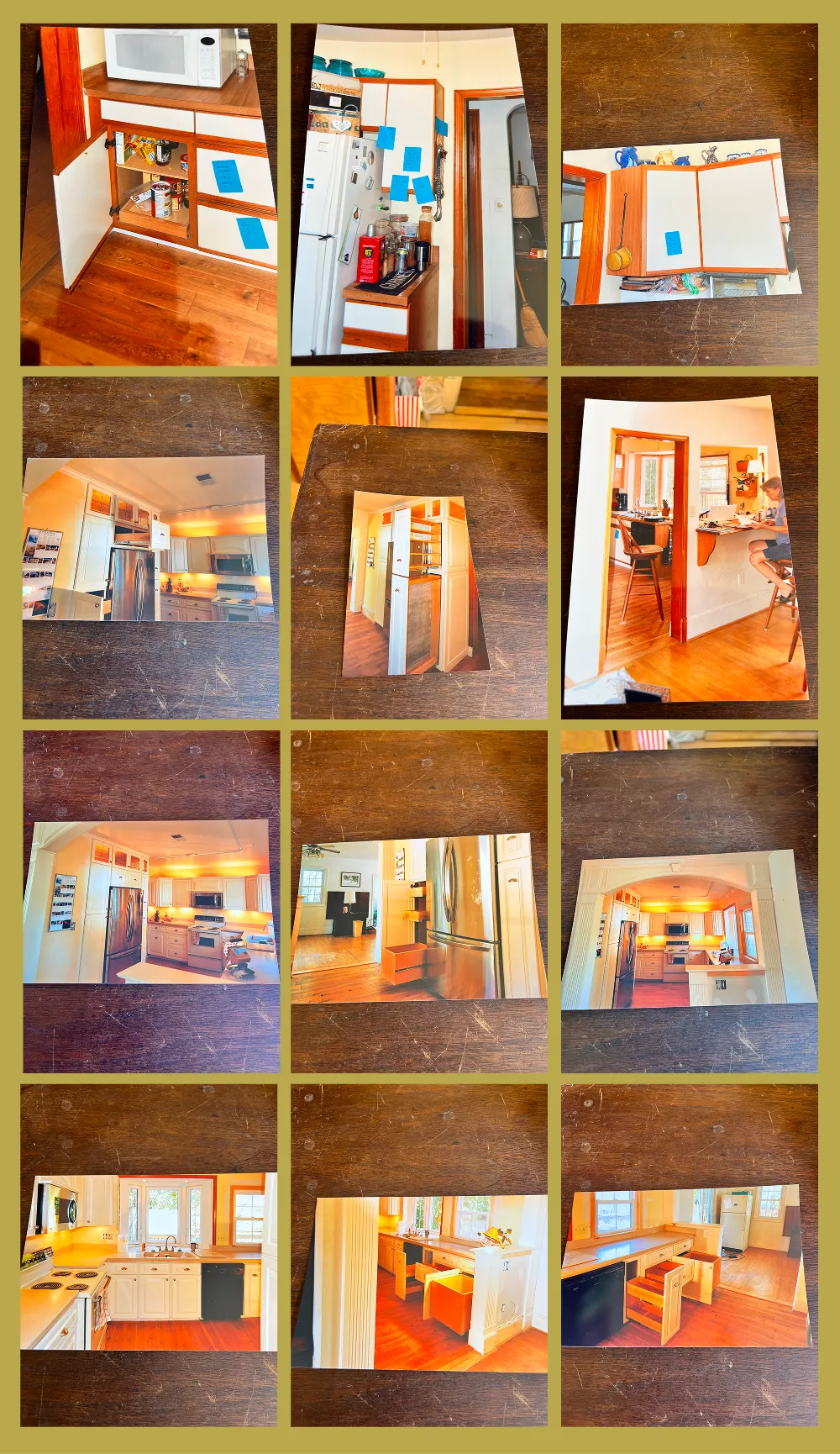 Collage of kitchen renovation photos on table.