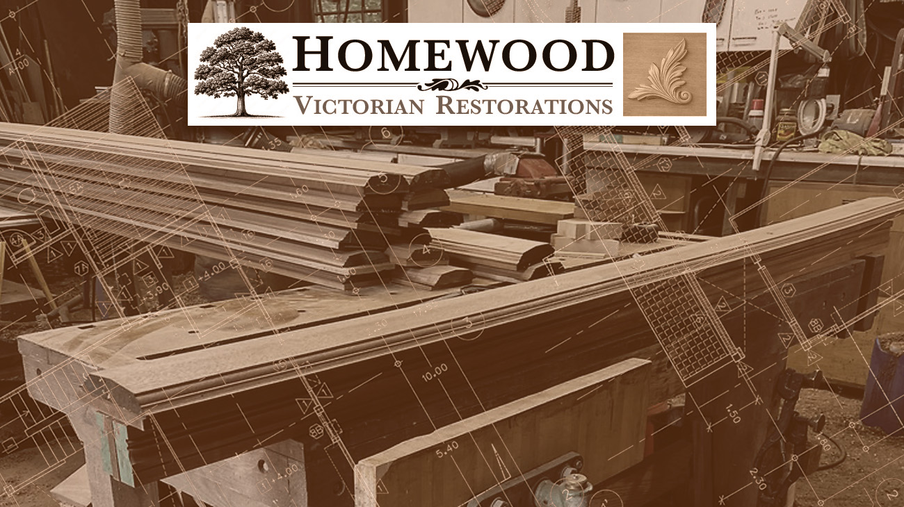 Victorian restoration workshop with wooden beams.